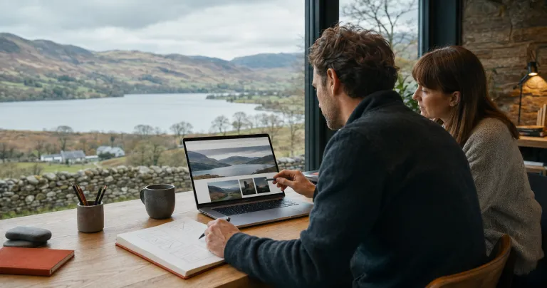 Web designer reviewing website designs with a client at a desk overlooking a Cumbrian lake and fells