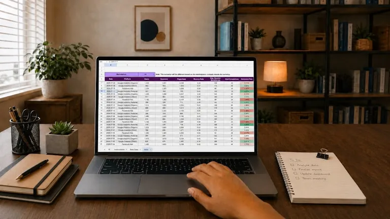 A laptop on a wooden desk showing a spreadsheet of rows and figures, beside a notebook and a handwritten to-do list